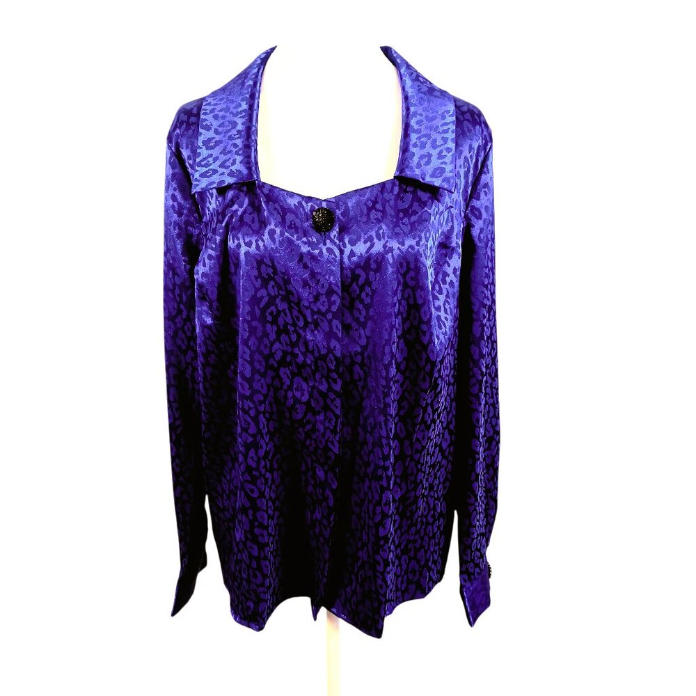Simonton Says, Dark Purple Leopard Print Satiny Blouse, Long Sleeve Size Medium
